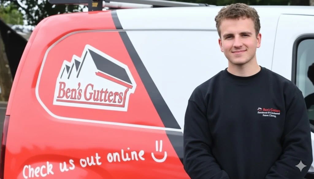 Ben's Gutters Sussex gutter cleaning technician beside company van
