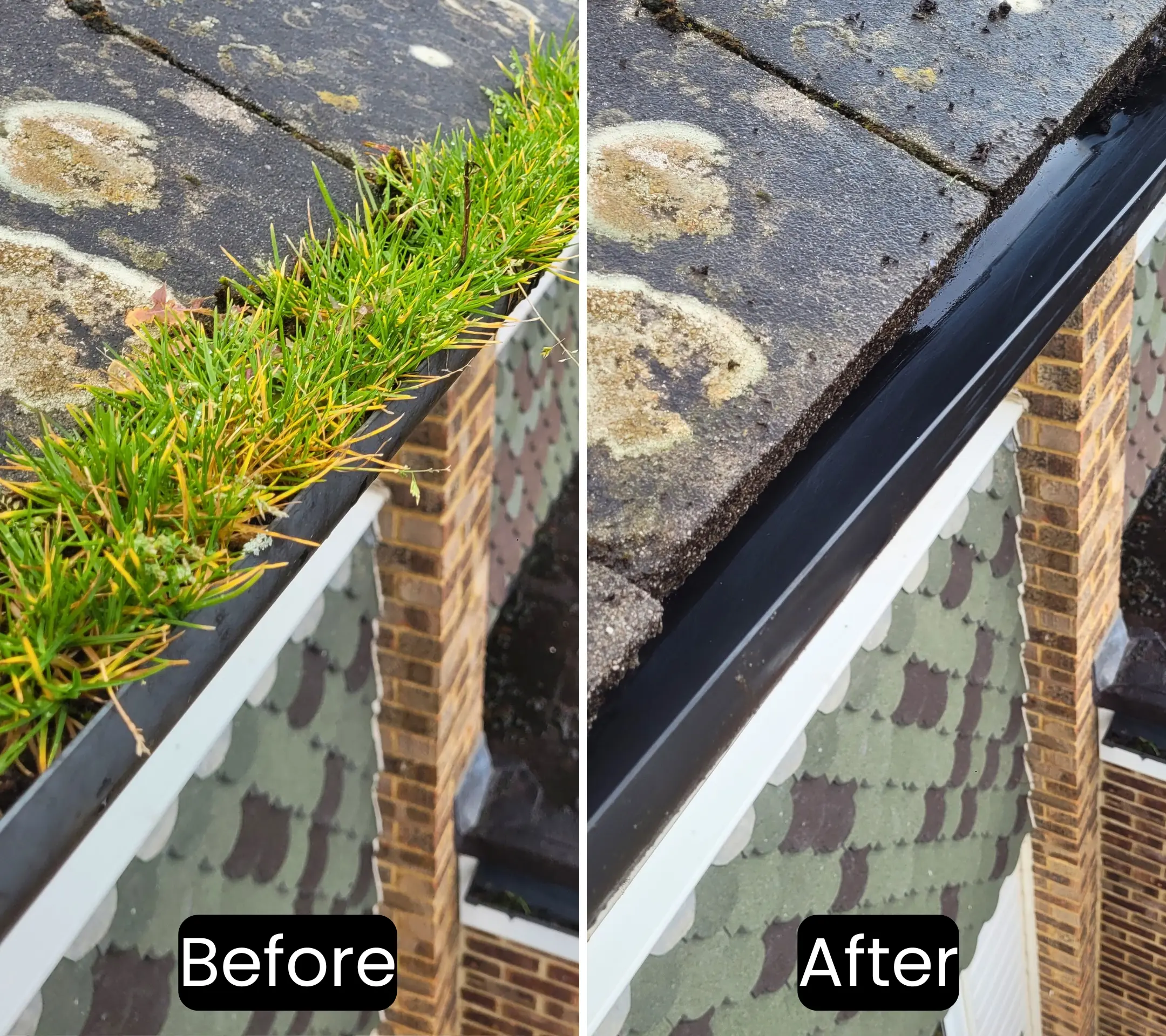 Before and after residential gutter cleaning in Eastbourne, East Sussex